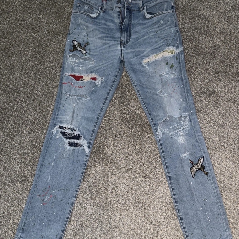 Amiri Rosebowl Art Patch Jeans In Indigo Blue